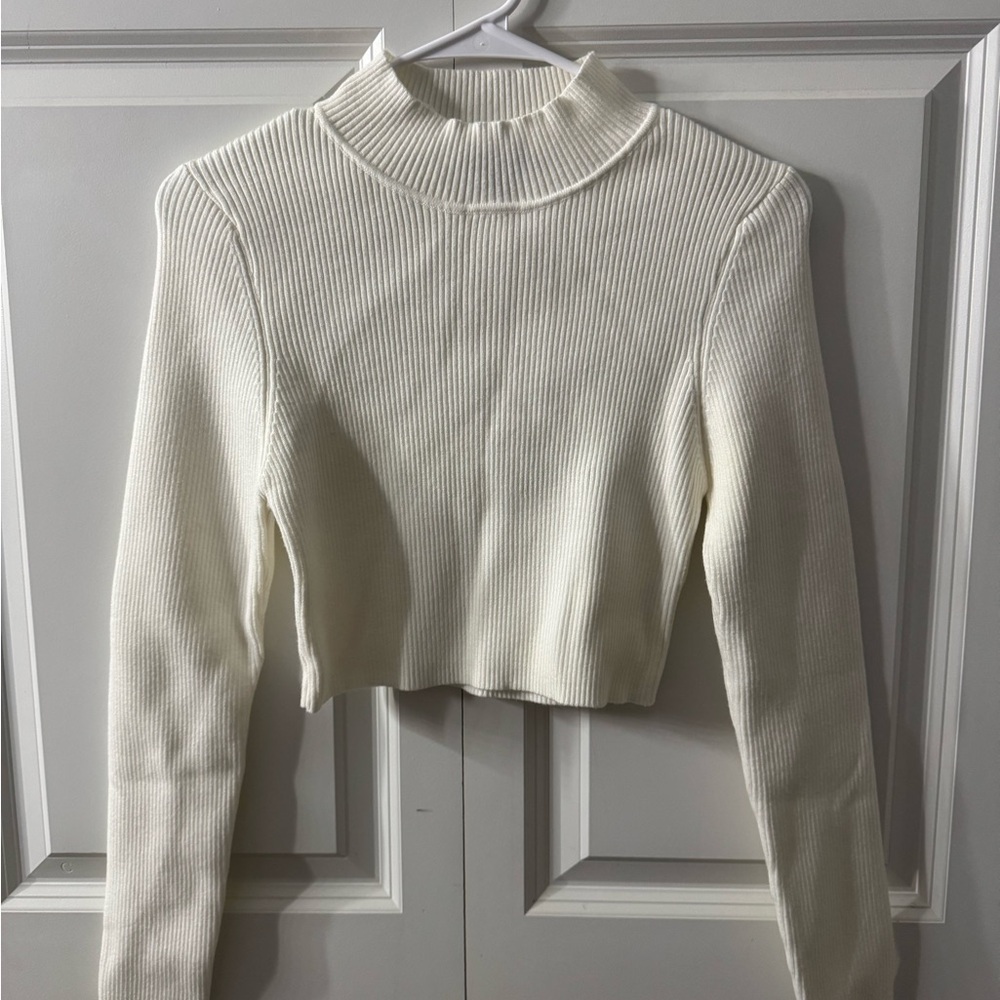 Blue Blush White Ribbed Knit Turtleneck Top
